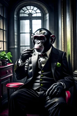 A portrait of a thoughtful chimp in gentleman 's style smoking a pear tobacco pipe like Sherlock Holmes against the backdrop of an aristocratic Victorian hallway .