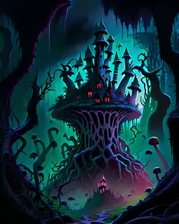 A frightening mushroom forest dungeon with a twisted bramble evil castle in the background