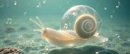 transparent crystal snail true yoga mind bending bubble gum as a young woman floating transparent music notes in the weirder universe in the ocean with the snail fish king in the style of Giger