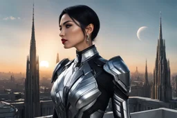 A slim Woman With Black shoulder length hair, Wearing a silver and black android-looking suit, standing sideways On a ledge of a building, with a moon Behind Her Head, towering spires and buildings highlighted by the setting sun