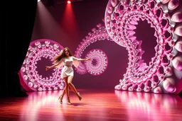 modern stage with a pretty lady in modern clothing dancing, 3D recursive fractal structure animating background