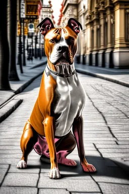 One single mature light Staffordshire terrier, friendly, playing guitar in the street , Vienna, opera, sunny day, model style, hyper realistic, extremely accurate, delicate, extremely detailed, Graphic novel style, wide-angle, open aperture, superfine pencil