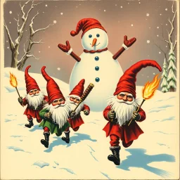 there is no kebabs at christmas, evil Santa, evil gnomes running around, staring flaming eyes, evil Rudolf, very big evil Frosty the snowman in background, kebabs and kebab, 1940 christmas postcard