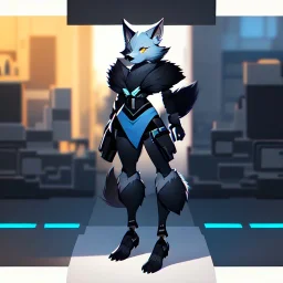 a fox fursona, darker colors, master quality, backlighting, soft lights, full body portrait, in frame, 8k, dark color pallet, perfectly drawn face, well drawn, realistic, humanoid, furry, cyberpunk, digitigrade legs, fur,