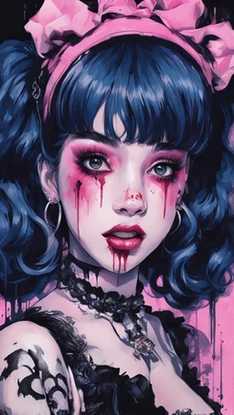 Poster in two gradually, a one side malevolent goth vampire girl face and other side the Singer Melanie Martinez face, full body, painting by Yoji Shinkawa, darkblue and pink tones,