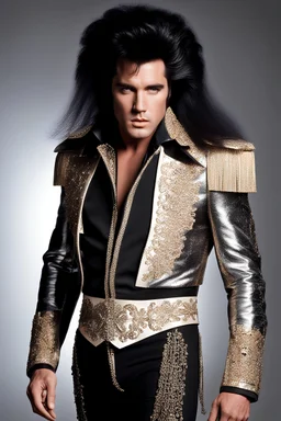 What Elvis Presley would look like if he were in a 1980s, big hair, glam rock band that wears facial makeup and crazy costumes