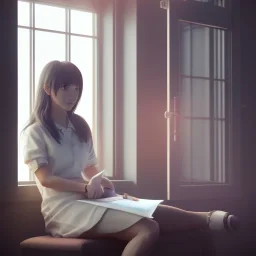 female student studying by the window, anime style, full body, unreal engine 5, cinema4d, sun light, studio lighting --ar 1:1 --v 4