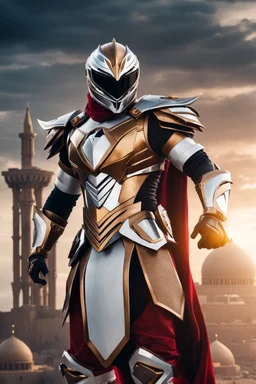 Arab power ranger Full Body,Full biomechanical Armored helmet,Wearing Face Mask Iron Masculine Mysterious Powerful Fantasy High Quality clothes,islamic city background