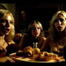 Horror movie shot, spooky, ultra realistic, dine, horns, ultra realistic hot blonde women, party, pieces of meat, organs, ail dynamic, anguish, very excited people, hypermaximalist figures, light, 1970's Italian horror movie, sinister, John Carpenter, Dario Argento, Stanley Kubrik, ornate, 4k, photorealism