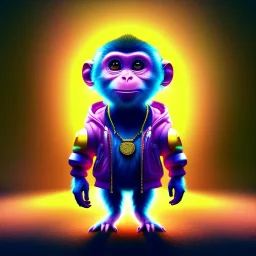 pixar style anamorphic cute cyberpunk monkey baby, smiling,gangsta gold neckless, full body, magenta puffer jacket, manila city backdrop, dramatic lighting, hyper realistic, unreal engine 5, 16k