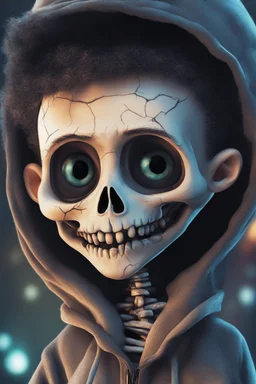 a cute animation boy, skateboarding , trendy hoody, 8 k, tim Burton skeleton style from the movie "night before Xmas", realistic animation, gothic