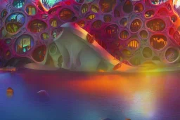 of a colorful lakeside with strange cute friendly creatures with huge eyes, mouth, long tongue and round teeth appearing from the waters, in the style of gehry and gaudi, macro lens, highly detailed, shallow depth of fielf, digital painting, trending artstation, concept art, illustration, cinematic lighting, vibrant colors, photorealism, epic, octane render