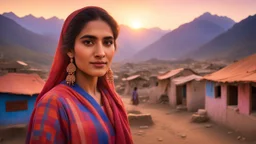 The image should depict a serene evening scene of a traditional Pakistani village at sunset, featuring a (closeup face view of a) young woman adorned in a vibrant red and blue checkered dress, surrounded by rustic houses and breathtaking mountain landscapes, bathed in soft golden light and dramatic hues of orange, pink, and purple.