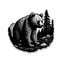 Sticker design on white background, Teddybear walking in a forest, in liberty art style, ambient light, high details, photorealistic, monochrome, black and white