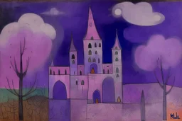 A purple haunted castle filled with ghosts painted by Paul Klee