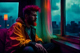 NaN Goldin style dedicated beautiful a dreaming young beard colored punk guy sits and looks out of the livingroom window, stormy Day, neon pop '80s oil paint-style raw-in Blade Runner living room- by Stanley Kubrick