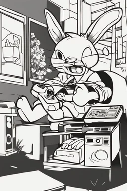 Lineart image of the easter bunny playing a video game console