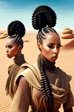 Lady see me with braids buns in desert behind her two guards