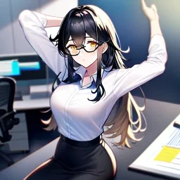 Clear focus, 8k, high quality, detailed, beautiful lighting, girl, vibrant colors, black long hair, vibrant golden eyes, office clothes, glasses, messy hair, sitting down, stretching,