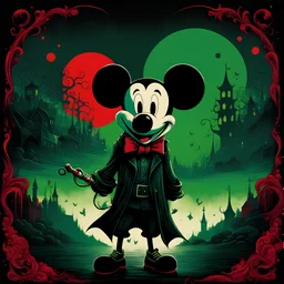 color Ink illustration by Phillipe Druilett, heavily inspired by the unsettling symbolism of Virgil Finday and Alexander Jansson, mickey mouse, red and dark_green and black color scheme dominating the artwork, grim narrative, smooth illustration, chilling Eldritch motifs, UV reactive color slashes, textured surface, ominous representation, unsettling.