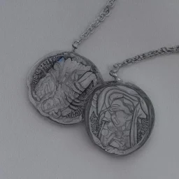 pendant in a form of two conjoined silver coins, watercolor, large strokes, illustration, fantasy