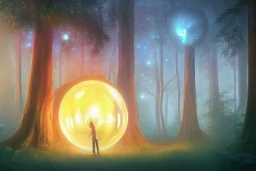 glowing bubble portal in a clearing glade in a redwood forest at night. shimmering portal. the forest redwood trees are lit by a glow. by cyril rolando and naomi okubo and dan mumford and ricardo bofill. beeple. noah bradley. digital render. digital painting. trending on artstation. concept art