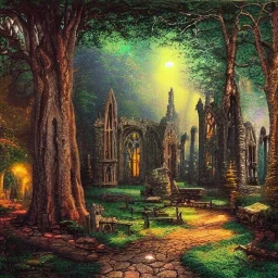 Gothic ruins at night, in the forest by thomas kinkade