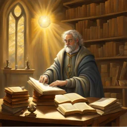 a stooped medieval genius in his study, sun rays, mist forming phantoms, by artist "Ingrid Umber",by artist "Sienna Lamberts"