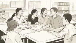 The image depicts a group of students actively engaged in a collective discussion within a classroom. The atmosphere is filled with enthusiasm and collaboration, evident through their lively interaction and exchange of ideas. The image illustrates the promotion of social interaction and cultural learning within an educational environment, where students learn from one another and build interactive bridges that contribute to enhancing understanding and cooperation among diverse cultures.