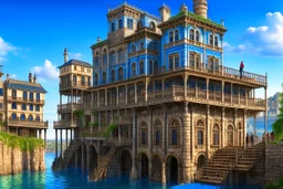 medieval buildings with balconies overhanging lake edge with blue sky and people, photorealism, fantastical, intricate detail, splash screen, concept art