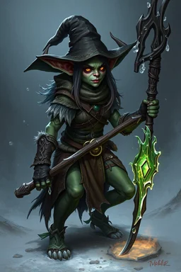 a goblin witch, humanoid, fantasy, bandit, female, ice