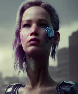 A portrait post-apocalypse cyborg Jennifer Lawrence in a cyberpunk city, sci-fi fantasy style, 8k, volumetric lighting, particales,highly detailed,cinematic, deep scars on face,deep colours.