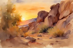 Sunset, rocks, mountains, rocky land, epic, john singer sargent watercolor paintings