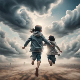 Hyper Realistic Aerial Back View Of Lots Of Children (Male Female Both Children Wearing Keffiyeh) Happily Running Towards Heaven On Sky At Cloudy-Day Environment Showing Dramatic & Cinematic Ambiance.