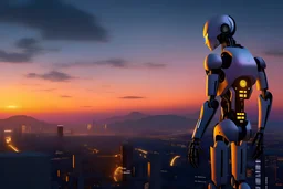 Humanoid-looking robot, standing and looking out over an alien town skyline at dusk