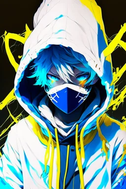 An anime boy who is devil and wearing a white hoodie with streaks of bright blue and yellow colors, as well as an electronic and neon mask that only covers his mouth with bright yellow and blue colors on the front