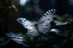 diaphanous transparent light butterfly with glowing center on dark grey leaves, ethereal, otherwordly, cinematic postprocessing, bokeh, dof