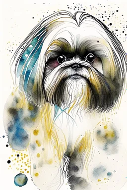 Abstract wet watercolour of a Shih tzu ink lines, interlinked circles,detailed focus on eyes