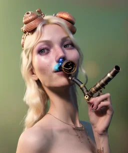 Ultra realistic photographic portrait, happy blonde woman smoking a pipe in Wonderland, wide angle view, smile steampunk dress style, marihuana plants, color fog, color smoke, soft color, highly detailed, unreal engine 5, ray tracing, RTX, lumen lighting, ultra detail, volumetric lighting, 3d, finely drawn, high definition.