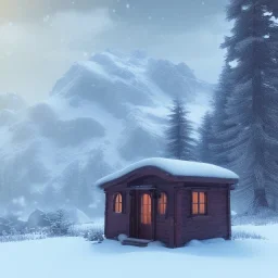  small winter house in montains isolated , coverd in snow