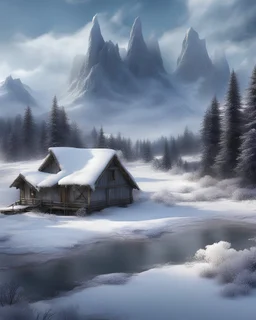 Realistic model, mountains, winter, frozen