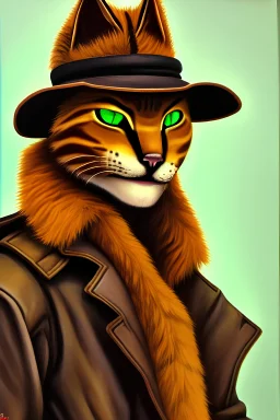 Portrait of an anthro tabaxi adventurer with green eyes and golden-brown fur, solo, pinup, wearing a leather jacket over a khaki shirt and trousers, and a fedora, beautiful realistic eyes, male, solo, canvas painting, shiny eyes, warm colors, realistic Rembrandt lighting