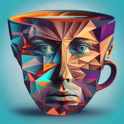 I saw the image of my love in the coffee cup trippy style geometric visionary soreal method amazing colors Upscale Psychological design of a thinking human face man, combining a coffee cup with a human face for a cafe