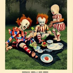 Super deformed children,sideshow freaks having a picnic,evil clowns,super realism,h.r.geiger style