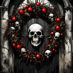 Macabre Dark Shines Christmas Wreath hanging on gothic church door, surreal horror art, by Stephen Gammell, by Salvador Dali, by Dave McKean, stylish, melting acrylic, vivid Christmas colors, asymmetric, macabre creepy composition, visceral textures, deep shadows, dead garland and holly and skull ornaments, decay rot dystopia, by Russ Mills, the Christmas bells have stopped ringing