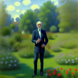 a slim man in his sixties, angry, standing in his yard, monet style