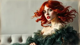 mixed media, multiple exposure, old worn torn plain canvas, grunge, layered, embossed, fine art luminous soft watercolor, glitter, mid-ground, luminosity, highlights, gold fragments, light effects, dark grey-green fragments, dot technique, portrait of Victorian Gothic woman on SOFA, Red hair, light Red lips, fluffiness, wind, airy dark GREEN flowing dress, Fur, swirls, layered, blending, textured, 3D, 8K, best quality, fine rendering, high detail, hyperrealism, high resolution, high definition,