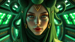 mdjrny-v4 style Medusa, greek mythology, young female face, green aesthetic, young female face, golden ratio, symmetric, elegant, ornate, luxury, matte painting, ultra realistic, concept art, intricate details, highly detailed, photorealistic, octane render, 8k, unreal engine, sharp focus, volumetric lighting unreal engine. art by artgerm and greg rutkowski and Alphonse Mucha and Vraska GolgariHijabi cute girl with cyberpunk prosthetics, with QURAN, in islamic dress, long hair, Spaceship inside,