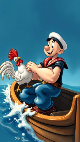 Popeye the sailor petting his chicken on his awesome boat, 3d, airbrush with pen outline