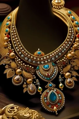 Taking elements from Indian royal jewllery design a necklace with modern contemporary design which is actually wearable and shall have that retro motifs and make it realistic with all the detailed elements make the design contemporary and modern create something which no one has seen before something new and different